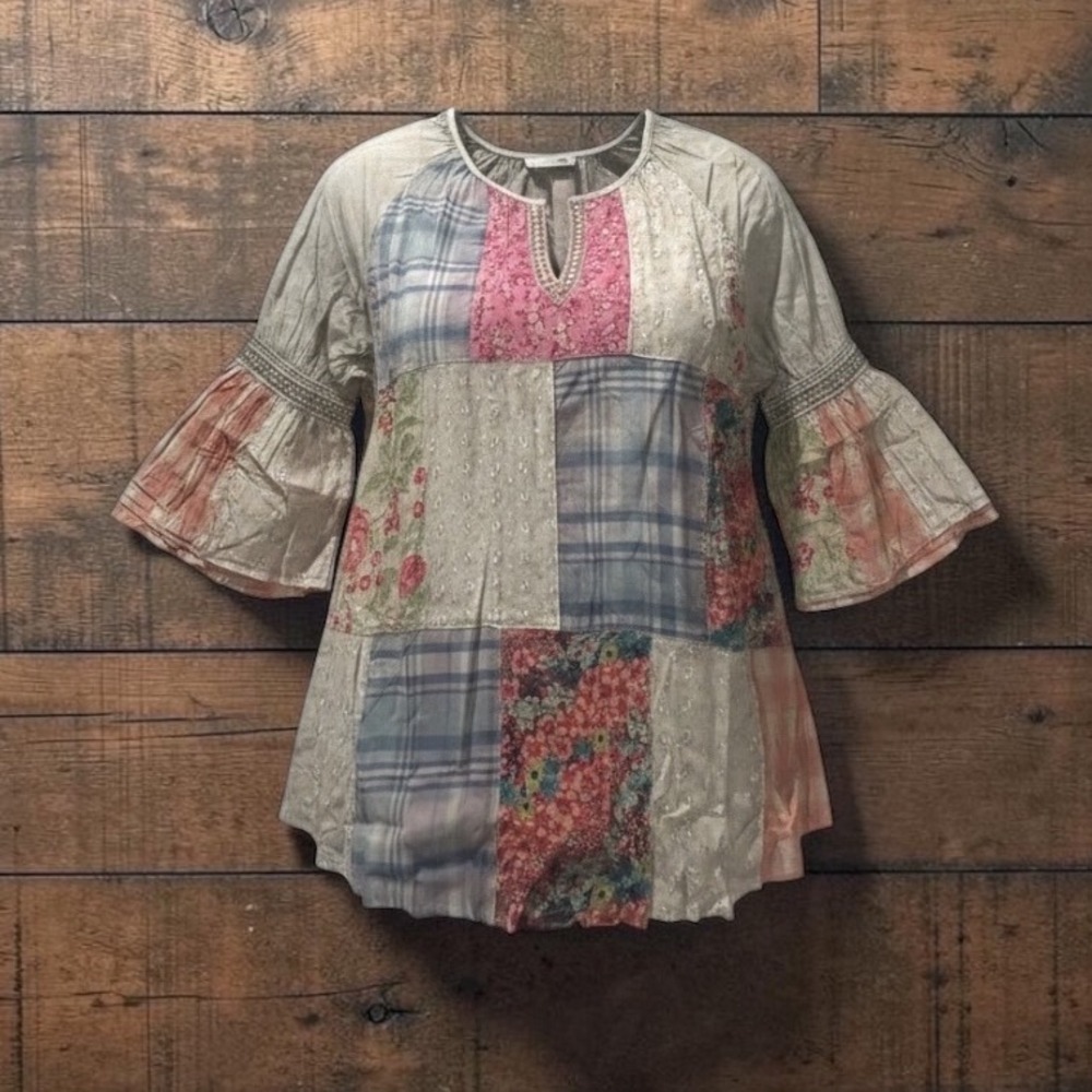 Young Threads Womens XL Patchwork Tunic Top Boho Floral Plaid Bell Sleeve New